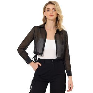 See Through Top Long Sleeve Cropped Mesh Sheer Jacket Black